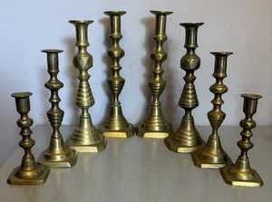 Antike englische Messing Kerzenständer Bienenstock Diamant König Königin 4 PAAR LOT 12" -6" - Bild 1 von 18