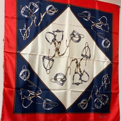 GUCCI Bufanda de Seda Grande Línea Jerez Brida Mordida de Caballo Usada de Japón Foto 1 de 4