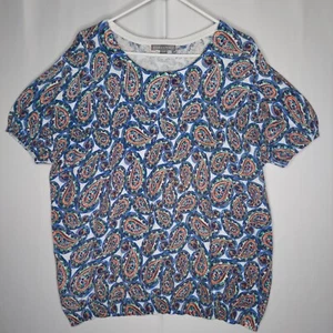 Jessica London Short Sleeve Sweater Womens 26/28 Paisley Blue Pink Scoop Neck - Picture 1 of 8
