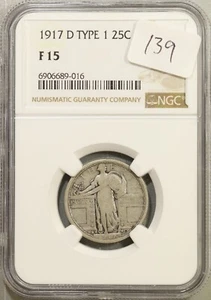 1917-D Type 1 Standing Liberty Quarter 25c NGC F-15  #9-016 - Picture 1 of 2