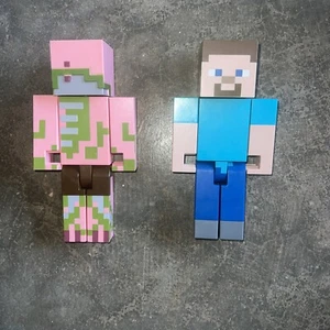 Lot Of 2 9" Tall Minecraft Man Pig Zombie Steve Action Figures - Picture 1 of 3