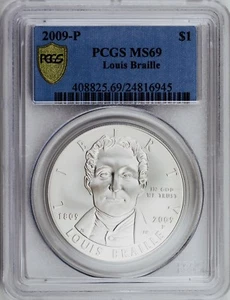 2009-P $1 Louise Braille 200th Birth Anniversary Silver Dollar PCGS MS69 - Picture 1 of 4