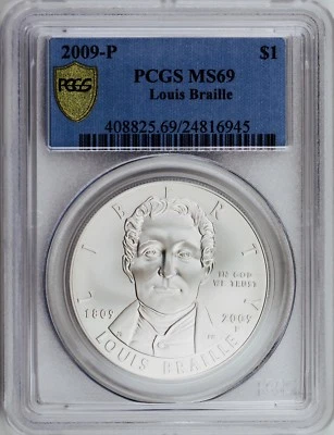 2009-P $1 Louise Braille 200th Birth Anniversary Silver Dollar PCGS MS69 - Image 1 of 4