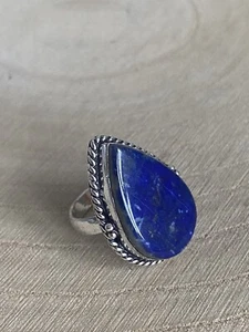 Natural Lapis Lazuli Ring Size K Sterling Silver 925 Plated Pear Blue Vintage - Picture 1 of 4