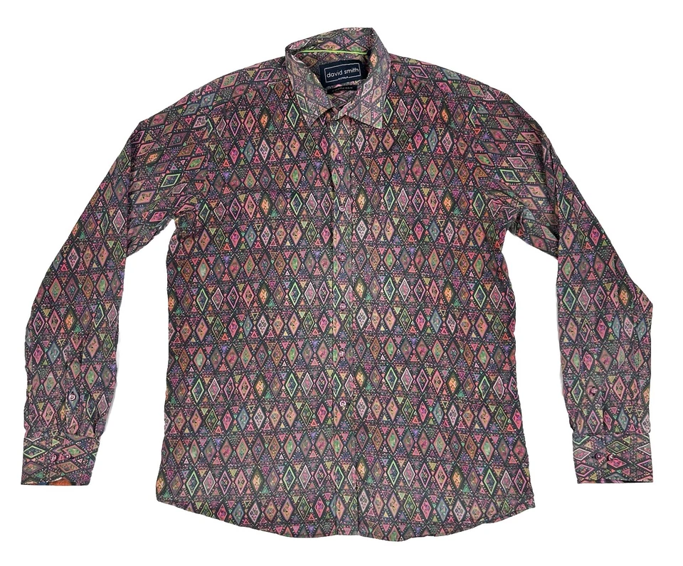 Camisa David Smith Para Hombre Manga Larga B/Up Talla XL Calce Ajustado Fuerte Diamante Geométrico Foto 1 de 4