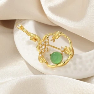 A28 Broche Brindille Feuillage Cirrus Verte Agate Ventre Doré Argent Fin 925 - Foto 1 di 4