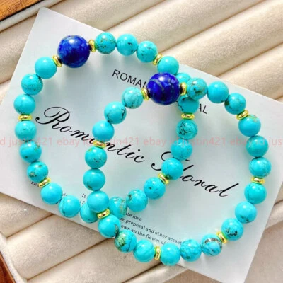 Natural 2 Pcs 8mm Turquoise Lapis Lazuli Gemstone Reiki Healing Bracelet 7.5in - Image 1 of 4