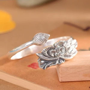 Pure S999 Fine Silver Bracelet Women Lucky Big Lotus Open Bangle 49-50g Dia:56mm - Picture 1 of 5