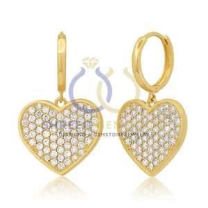 14k Solid Gold Natural Diamond Large Heart Dangle Earrings Minimalsit Jewelry - Picture 1 of 4