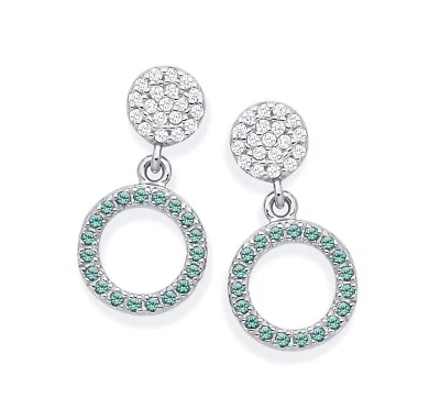 Sterling Silver 925 simulated EMERALD & CZ Circle of Life Drop Stud Earrings - Image 1 of 4