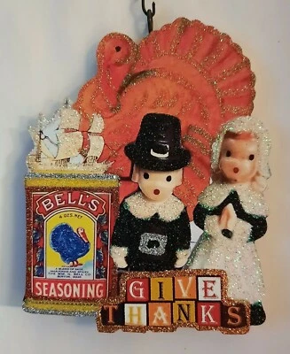 PILGRIMS, TURKEY, BELLS SEASONING, GIVE THANKS Glitter WOOD ORNAMENT * Vtg Img