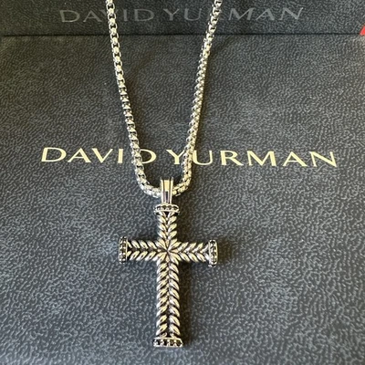 David Yurman Sterling Silver Chevron Cross Pendant & Chain 60cm - Image 1 of 4