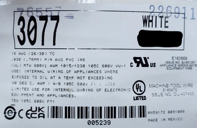 ALPHA WIRE Alpha 3077 #16awg 26x30 Tinned Copper UL1015 105C Hook-Up/Lead Wire White /50ft