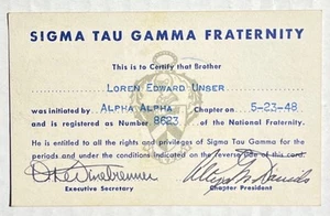 Vintage Sigma Tau Gamma Fraternity Membership Card 1948 - Picture 1 of 4