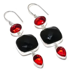 Handmade 925 Sterling Silver Black Spinel Garnet Earrings 2.56" - Picture 1 of 5