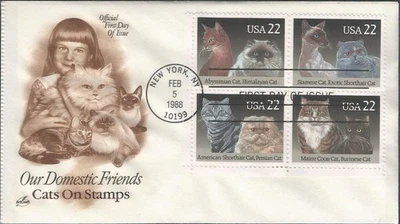 Scott 2372-75 FDC with block of 4 - 22 cent - 1988 - Domestic Cats - FDOI - Image 1 of 2