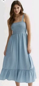New Look Blue Denim Look Stretch Shirred Midaxi Frill Dress NEW Size 16/18 - Picture 1 of 8