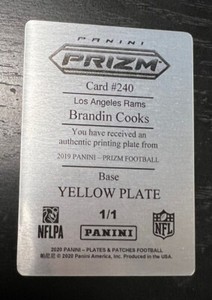 Brandin Cooks 2020 Plates & Patches Yellow Printing Plate #1/1