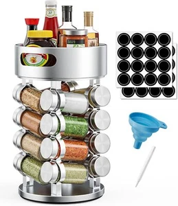 2 Tier Rotating Spice Rack Set With 16 Jars and Extra Top Tray, 1PACK, SILVER - Picture 1 of 7