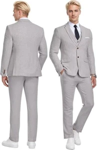 Men's Suit Slim Fit Linen Grey 3 Piece XL 44R 38W Notch Lapel 2 Button - Picture 1 of 5