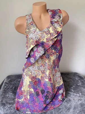 Mini Vestido de Seda 2 XS Floral Asimétrico Volantes Cuello en V Colorido Pasteles Foto 1 de 4