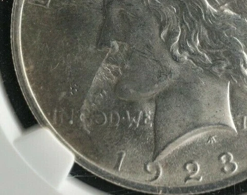 KAPPYSCOINS  G4270 1923 NGC MS63 OBVERSE STRUCK THRU HUGE  ERROR PEACE DOLLAR Cover