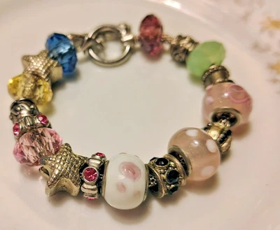 Pulsera De Colección Rosa Estilo Murano Vidrio Tono Plata Estrella de Mar Murano Dije Foto 1 de 4