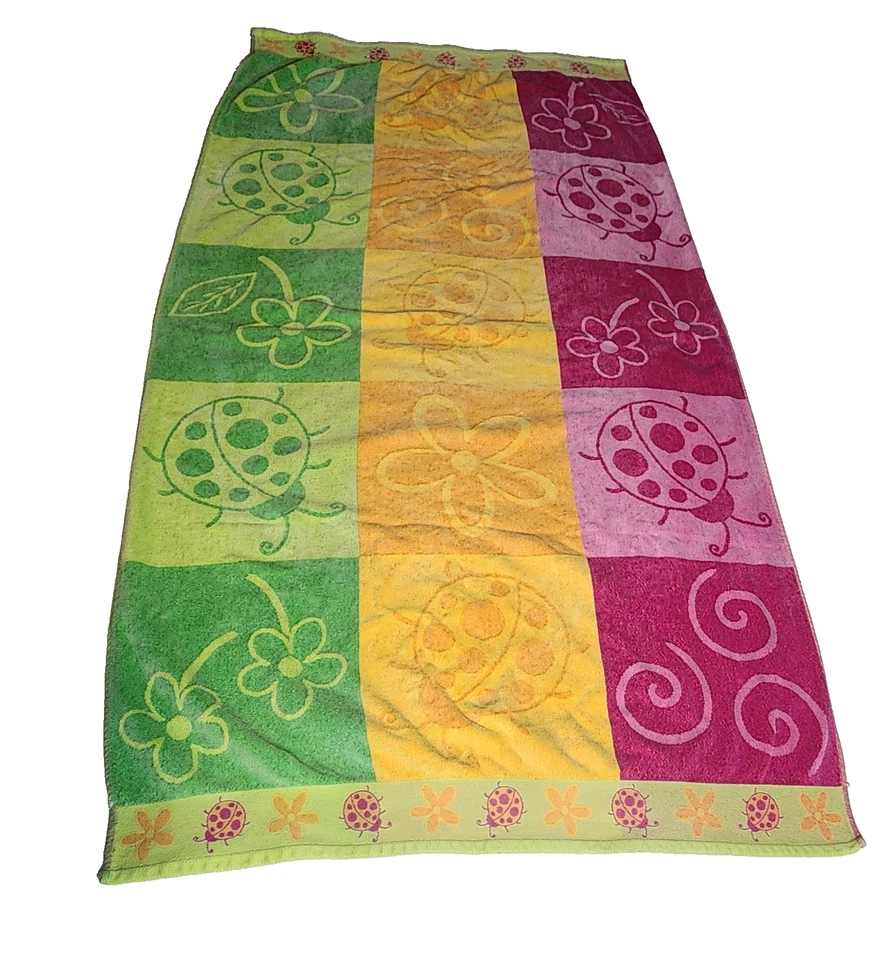 Vintage Egyptian Cotton LADY BUG Floral Beach Towel 80s Pink Green Yellow 65x35 - Image 1 of 4