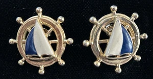 Pendientes vintage tono dorado azul blanco velero rueda poste bisutería - Imagen 1 de 6