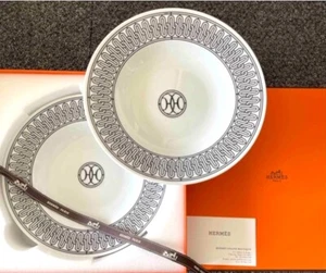 Hermes Soup Plate H Deco White Black Tableware Dish Dinner Pasta Auth New 22.5cm - Picture 1 of 6