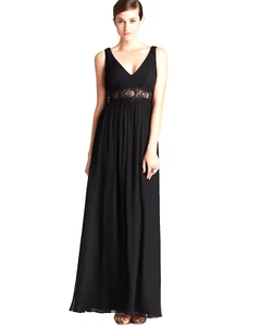 AIDAN MATTOX ~ Black Silk Chiffon Lace Waist Double V Formal Gown 2 NEW $475 - Picture 1 of 2