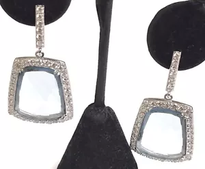 Elegant Sterling Silver 925 Blue Aquamarine Pave CZ Abstract Dangle Earrings - Picture 1 of 2