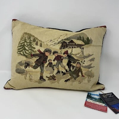 The Alpine Chalet Hines of Oxford Decorative Pillow Ice Skating Scene 17x13 - Image 1 of 4