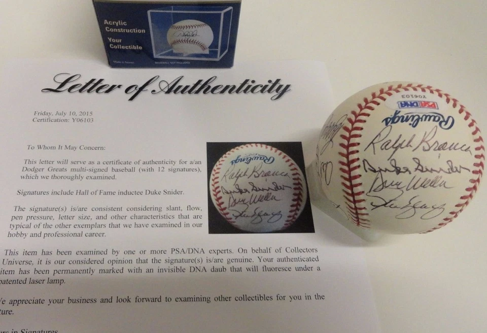 Brooklyn LA Dodgers HOF Legends Signed MLB Baseball PSA Snider Erskine Wills - Image 1 of 1