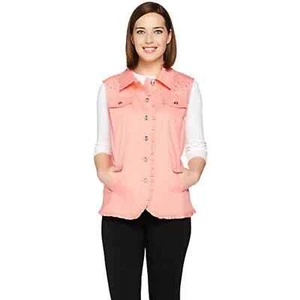 Quacker Factory Woven Ruffle Vest with Rhinestone Yoke Deep Peach Size XXS - Picture 1 of 5