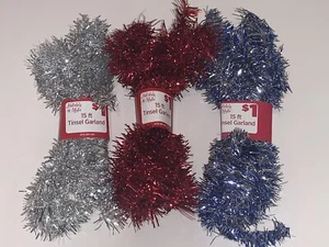 Lot Holiday Style Christmas Garland Tinsel 1 each Red, Silver, Blue/Silver 15 ft - Picture 1 of 6