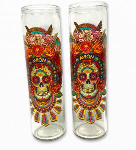Set Of 2 Avion Tequila 10" Glass Cup "Day of the Dead" Art DIA DE LOS MUERTOS