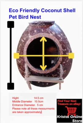 Handmade Natural Coconut Shell Bird Nest  Eco-Friendly Home Decor  Pet Birds - Image 1 of 4