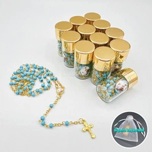 US 4/12pcs Blue Scented Wood Rosary Gold Cap Glass Jar Baby Shower Baptism Favor - Picture 1 of 7