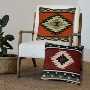 Set of 2 Handwoven Wool & Jute Kilim Cushion Cover 18x18" Bohemain Home Decor - Picture 1 of 51