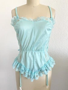 Vintage NAN FLOWER Turquoise Womens S/M Satin Lace Garters Pinup Lingerie - Picture 1 of 6