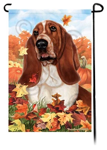 Falling Leaves Garden Flag - Red and White Basset Hound - Picture 1 of 1