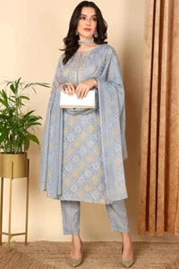 Indian Women Grey Pure Cotton Bandhani Printed Straight Suit Set VKSKD2091 - Picture 1 of 6