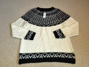 NWT Womens Sweater-TALBOTS-ivory/black Fair Isle wool blend pullover Classic-PM - Picture 1 of 5