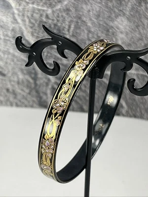 Michaela Frey Enamel Bangle Bracelet Black Pink Rose Buds Gold Leaf & Border - Image 1 of 4