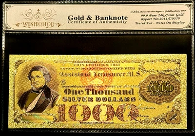 1878 $1000 US SILVER CERTIFICATE 24K GOLD BANKNOTE PROTECTIVE SLEEVE W COA - Image 1 of 3