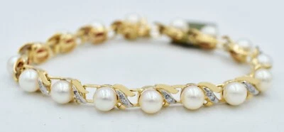 GENUINE 6 mm WHITE PEARLS & DIAMOND BRACELET 14K GOLD - Free Appraisal Service - Image 1 of 4
