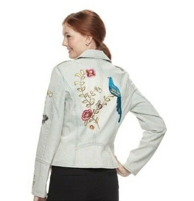 Jaqueta jeans Candies vintage floral denim azul pássaro bordado assimétrico zíper P - Imagem 1 de 4