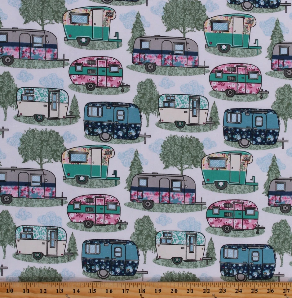A.E. NATHAN Flannel Campers Camping Trailers Vacation Vehicles White Flannel BTY D277.17