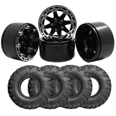 4PC 1.9" Metal Beadlock Wheel Rims Tires for Axial SCX10 D90 1:10 RC Crawler Car - Image 1 of 4